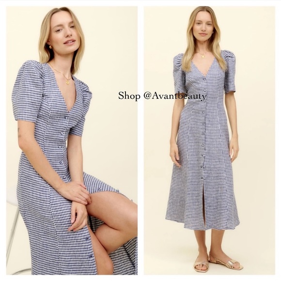 NWT REFORMATION NEWBURY LINEN DRESS CHALLAH CHECK BLUE WHITE SIZE 2